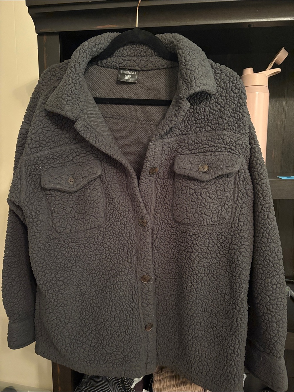 Dark Green Cozy Sherpa Button-Front Jacket